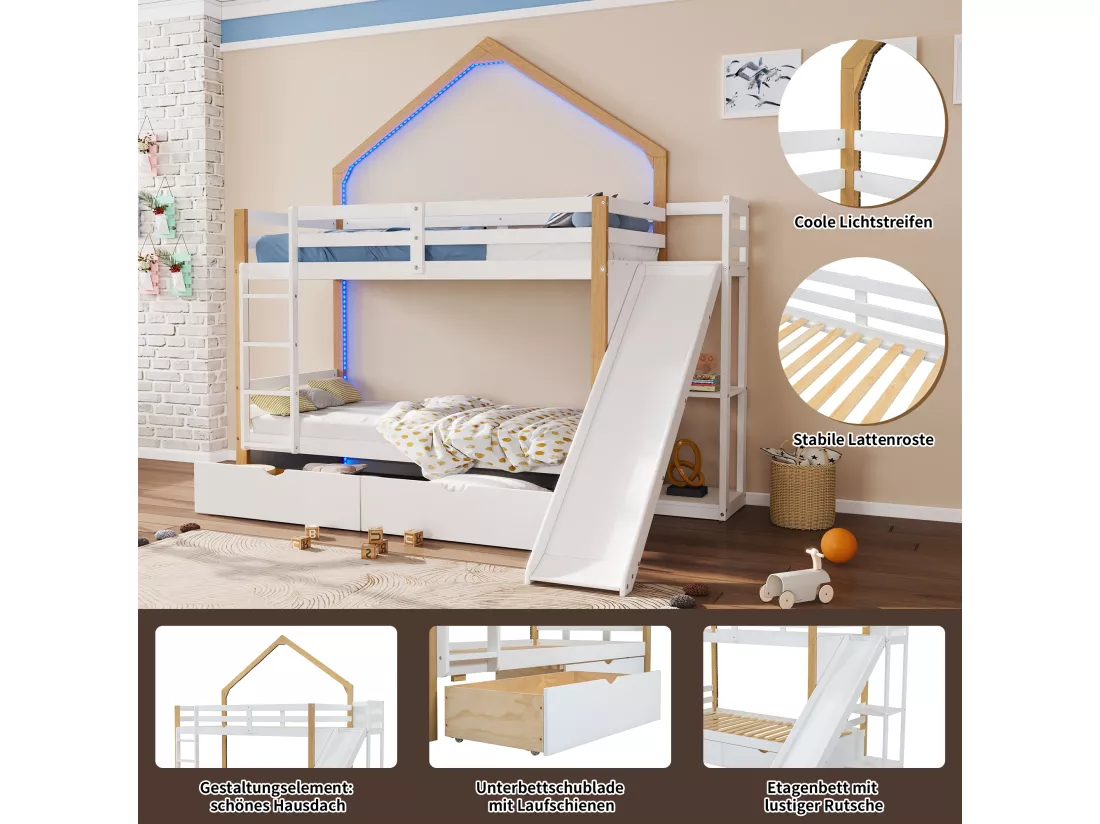 Lit superposé 2 x 90 x 200 cm avec 2 tiroirs, toboggan etétagères de rangement - pin + MDF - blanc+naturel (sans matelas)