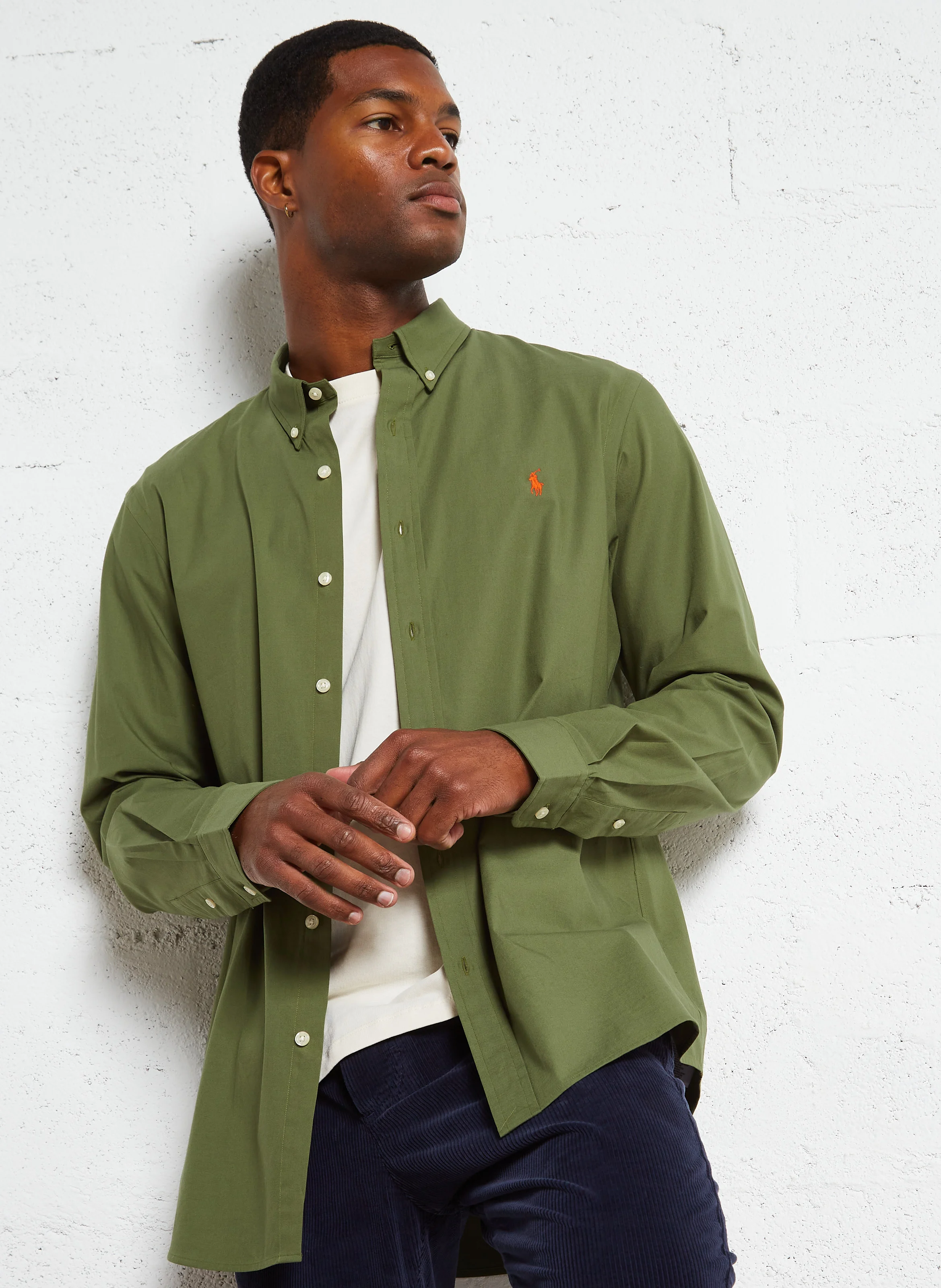 Chemise col américain en coton mélangé | Vert