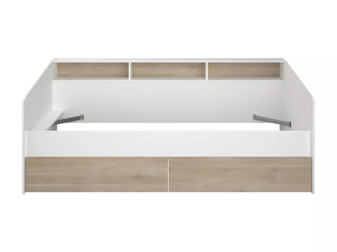 Lit 90 x 190/200 cm avec rangements - Blanc et naturel + Sommier - PAULETTE