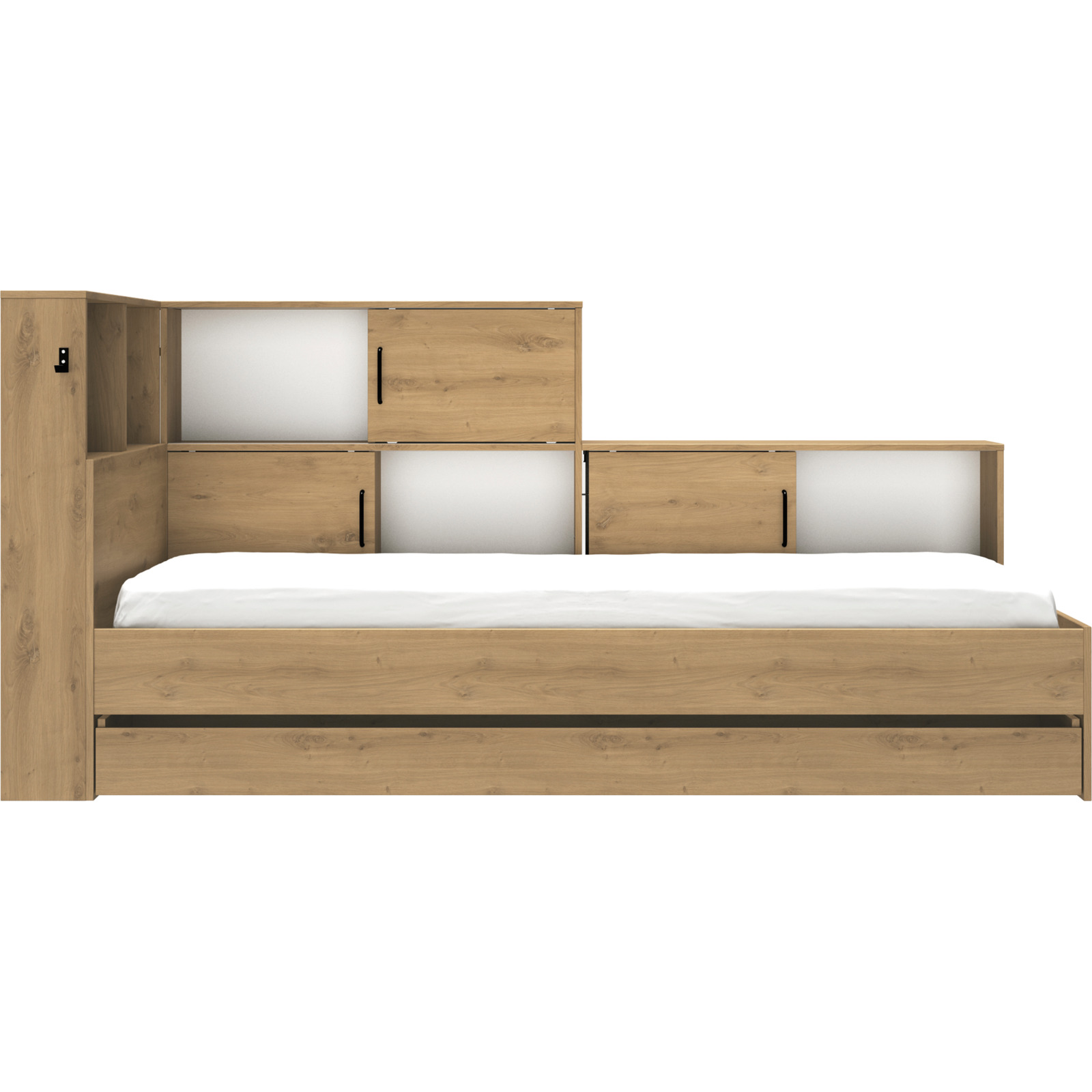Bett Erwan Dekor Eiche Artisan weiss 90 x 200 cm, mit Stauraum