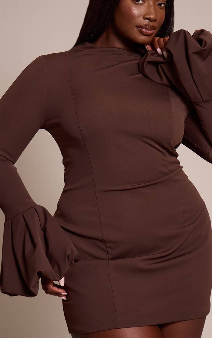 Chocolat Robe Moulante Grande Taille À Col Montant Et Manches Bouffantes