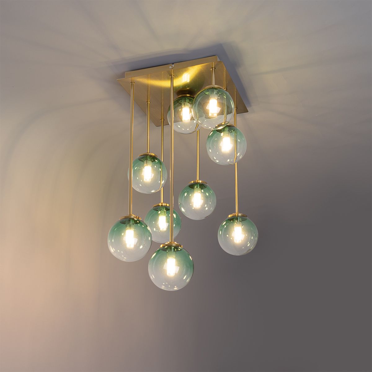 Art Deco plafondlamp goud met groen glas 9-lichts - Athens