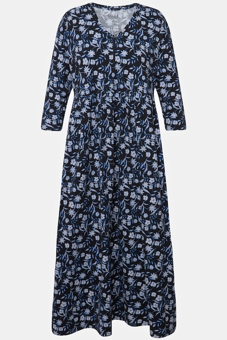 Jerseykleid, Blumen, V-Ausschnitt, Zipper, 3/4-Arm