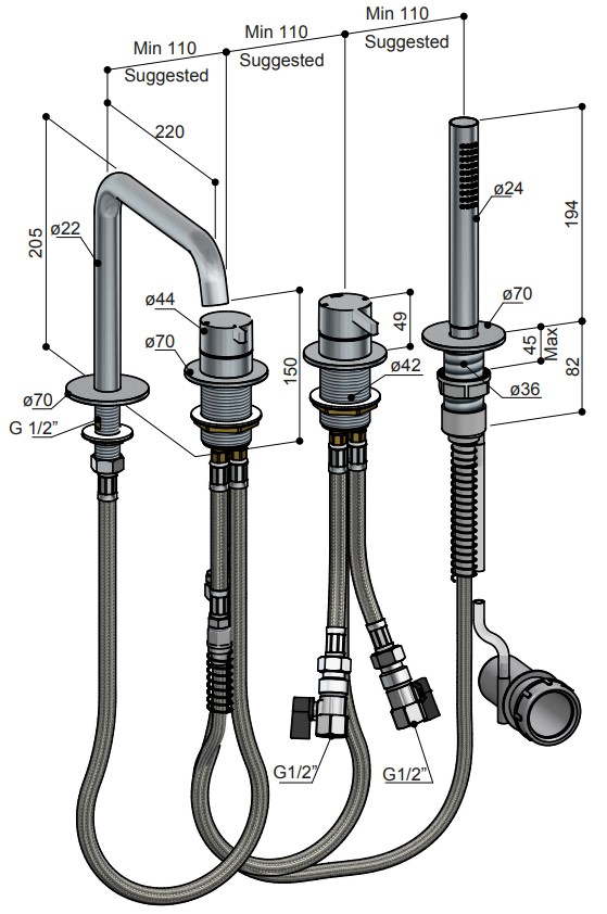 Hotbath ACE 2-wegs badrandcombinatie met uitloop en handdouche messing geborsteld PVD