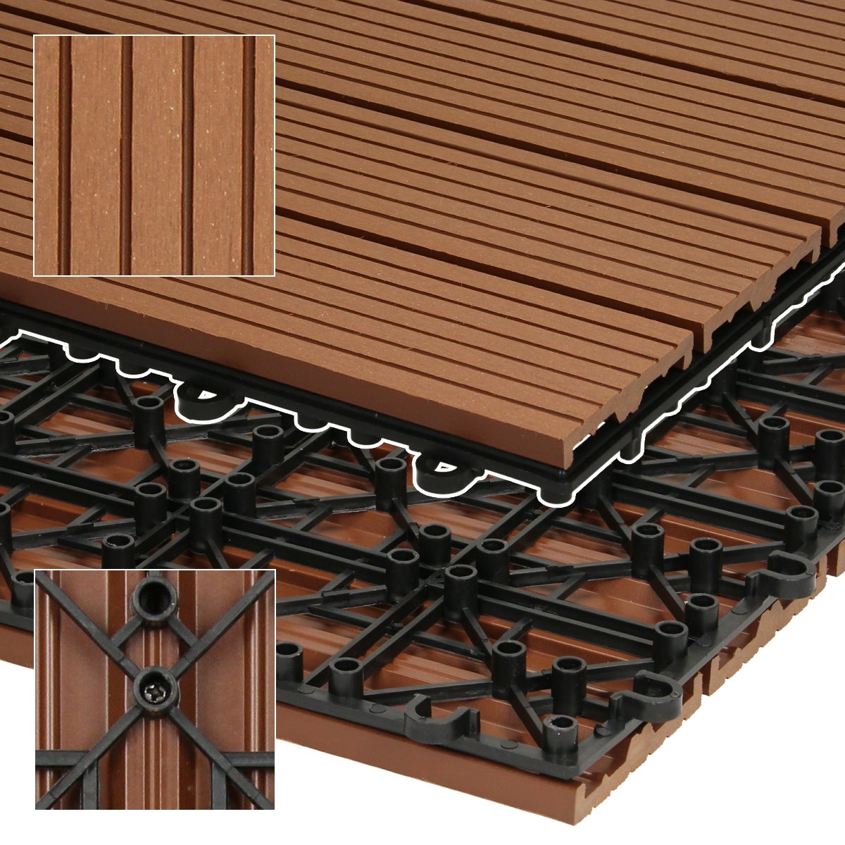 ECD Germany WPC Terrastegels 30x30 cm 11-delige voordeelverpakking voor 1 m² Lichtbruine houtlook voor tuinbalkonvloeren met drainage- en kliksysteem Terrasplanken Balkontegels Kliktegels Houten tegels