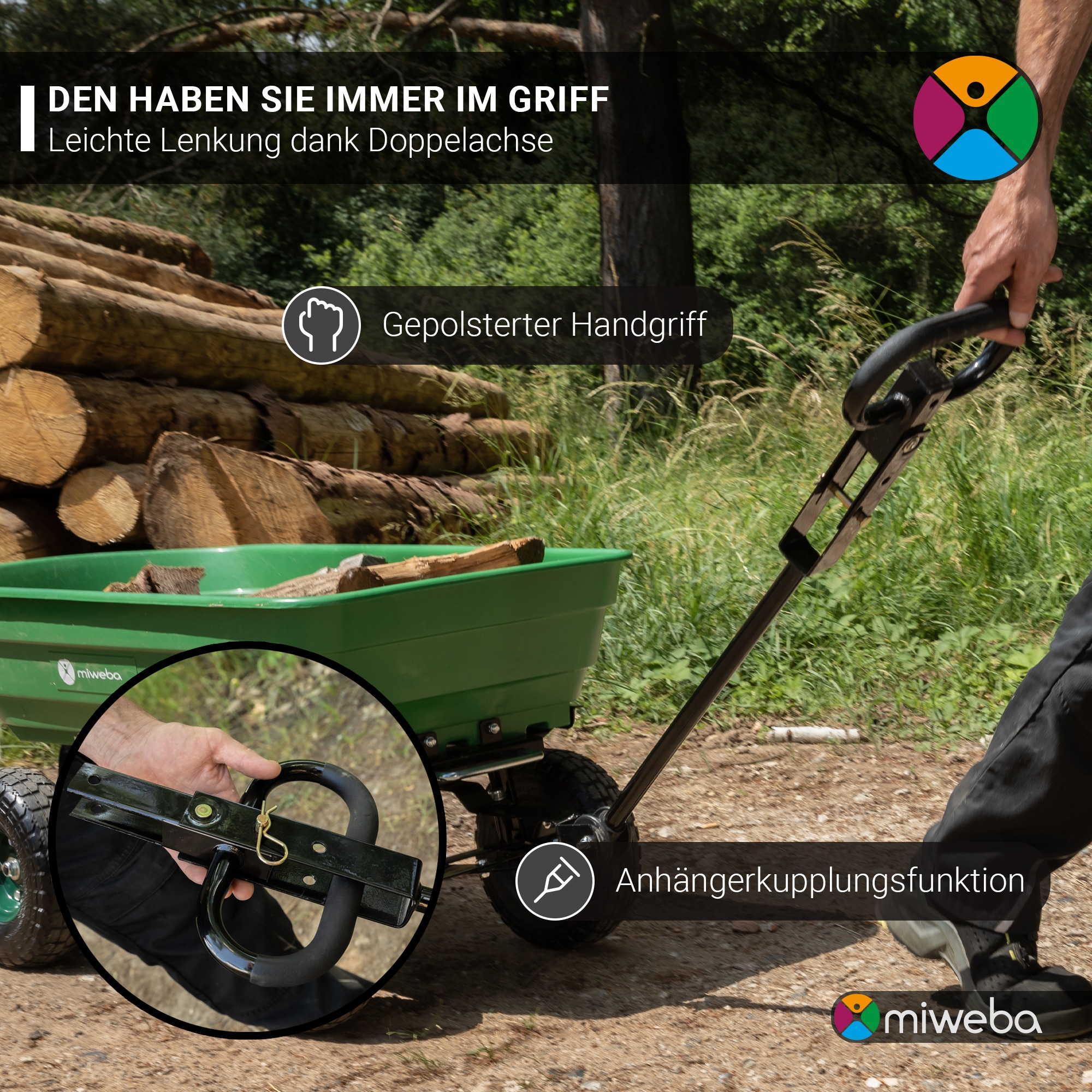 Miweba Bollerwagen Dumper, verriegelbare Kippfunktion, robuste PP-Wanne, Anhängerkupplung, bis 300kg (Grün)