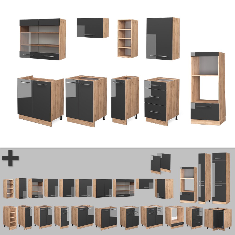 Vicco Küchenzeile Küchenblock Einbauküche Fame-Line Eiche Anthrazit 280 cm modern Spülenunterschrank Unterschrank Schubunterschrank Hängeschrank Mikrowellenschrank Apothekerunterschrank