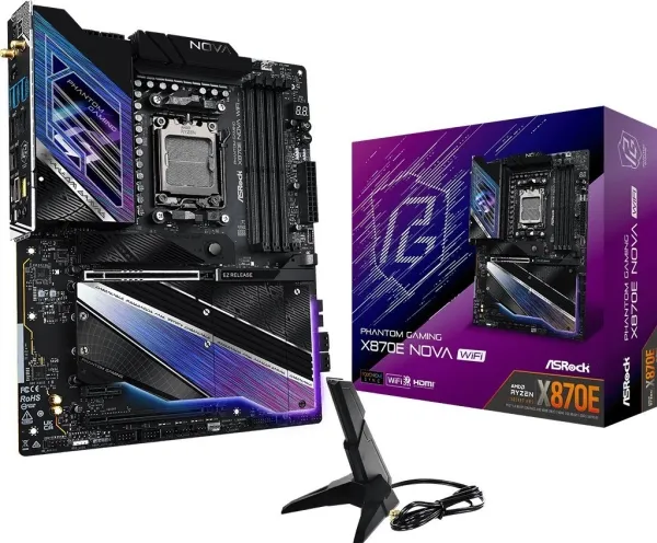 ASRock Phantom Gaming X870E NOVA WiFi - Bundkort - ATX - Socket AM5 - AMD X870E Chipset - USB4, USB 3.2 Gen 1, USB 3.2 Gen 2, USB-C 3.2 Gen 2x2 - 5 Gigabit Ethernet, Wi-Fi 7, Bluetooth - onboard grafik (CPU påkrævet) - HD Audio (8-kanaler)