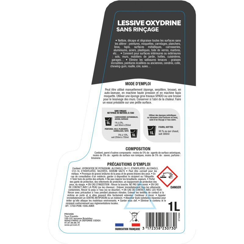 Lessive sans rinçage oxydrine Spado pro - Flacon de 1L