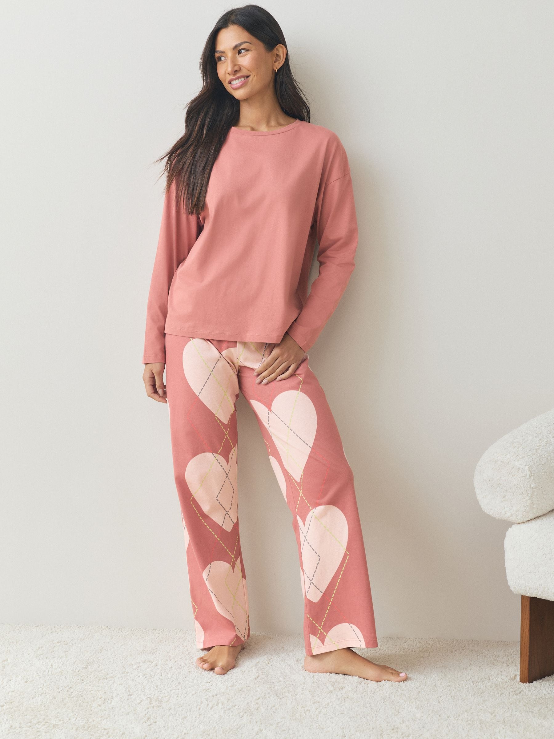 Roze met hartjesprint - Pyjama met lange mouwen