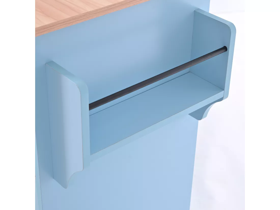 Ilot central de cuisine - 2 tiroirs et 4 compartiments - pieds en roulettes ou en bois - Bleu
