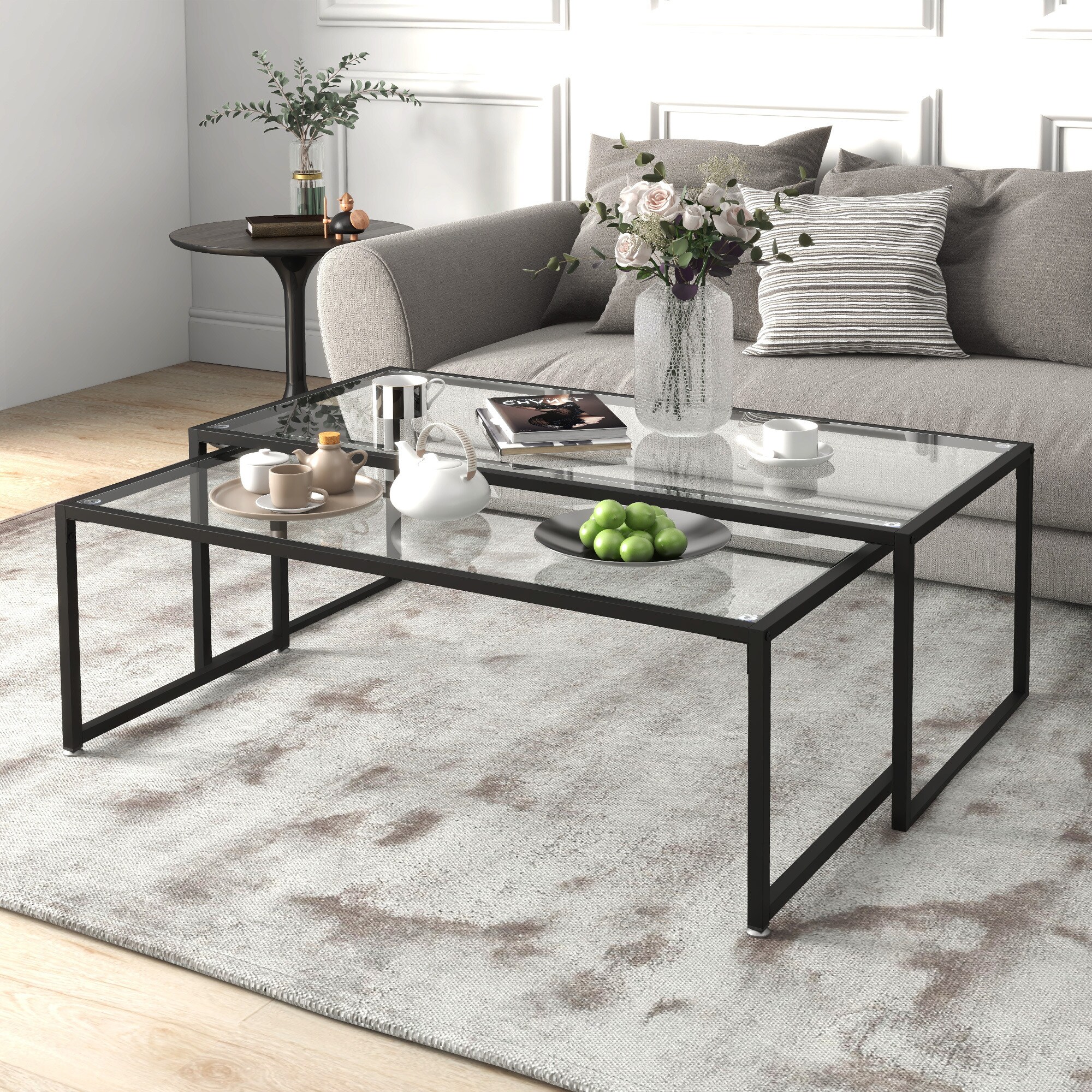 HOMCOM Couchtisch Set mit Glasobeflächen transparent 119L x 56B x 44,5H cm