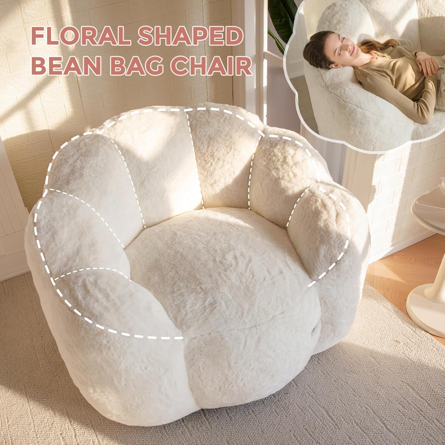 MAXYOYO Sitzsack Erwachsene, Floralförmige Bean Bag Sofa mit Memory-Foam Füllung, Weiches Kunstfell Sitzsack XXL für Wohnzimmer Schlafzimmer
