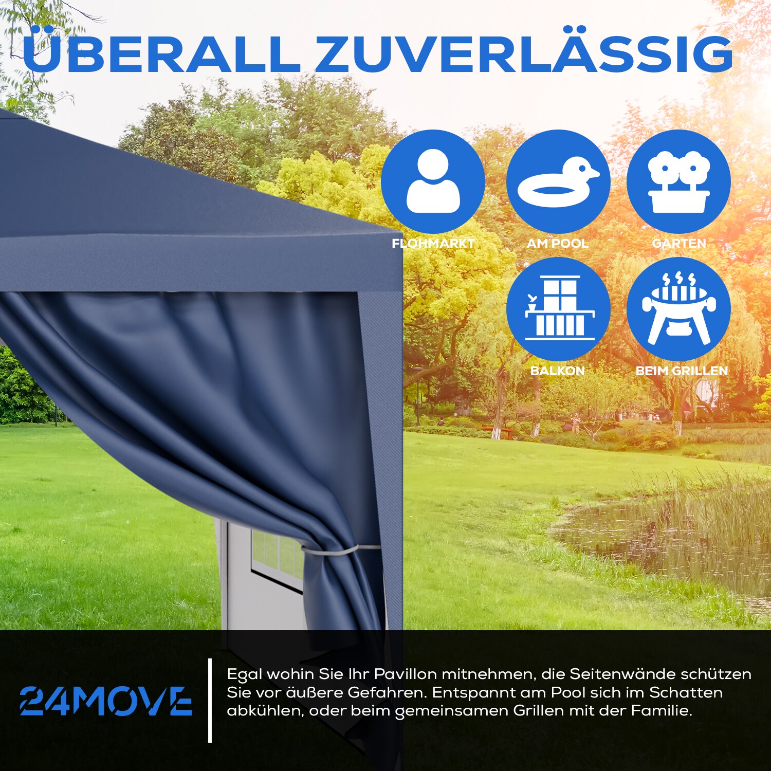 24MOVE® Pavillon Seitenteile 2er Set 2x3m mit Fenster & Reissverschluss, wasserdicht, blau - für Partyzelt, Festzelt, Festivals