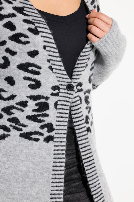 Long-Strickjacke, Leomuster, V-Ausschnitt, Langarm