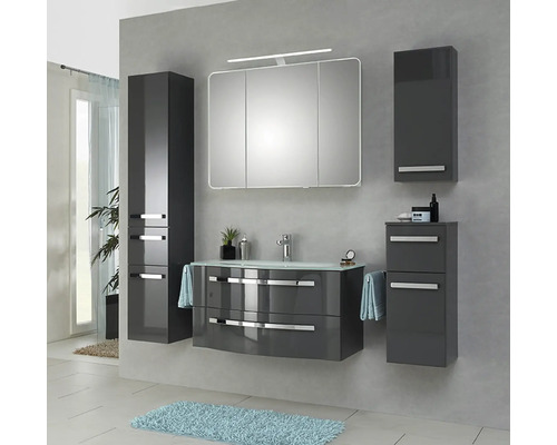 3-delige badkamermeubelset Pelipal xpressline 4005 BxHxD 92 x 200 x 49,1 cm, fronten hoogglans grijs, met witte glazen wastafel en glazen wastafelmeubel, wastafelkast, spiegelkast met LED-verlichting, chromen greep, 992.0900112 9920900112