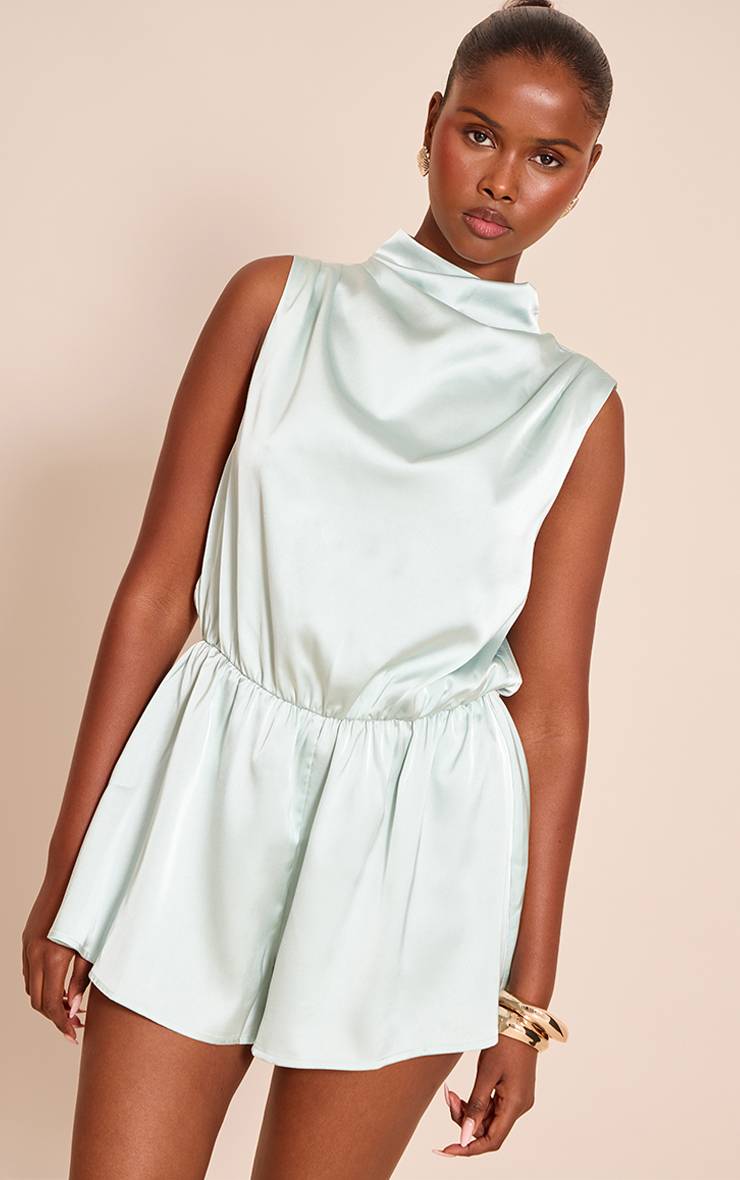 Bleu Combinaison-short En Satin À Col Montant
