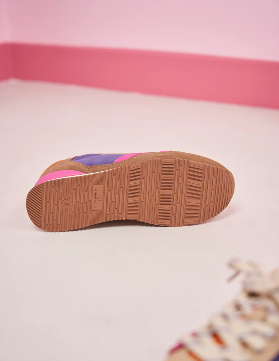 Baskets basses Andrée - Suède vegan et mesh taupe ecru fuchsia