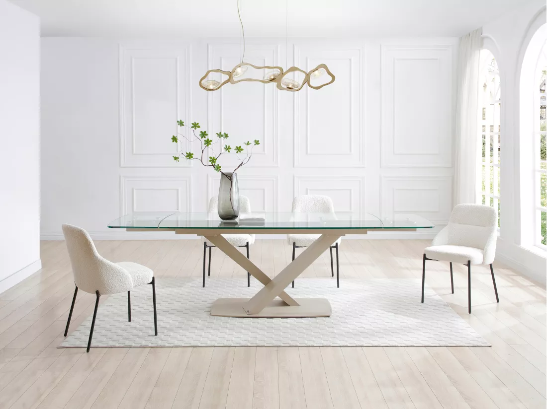 Table à manger extensible 6 à 10 personnes en verre trempé et métal - Transparent et beige - MALATA de Maison Céphy