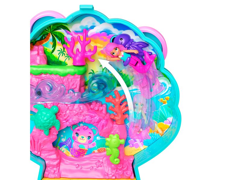 Polly Pocket Spielset Meer-Bär Schatulle Spiel-Set mit 1 Mini-Meerjungfrauenpuppe und Meerestieren, Reisespielzeug mit passendem Zubehör