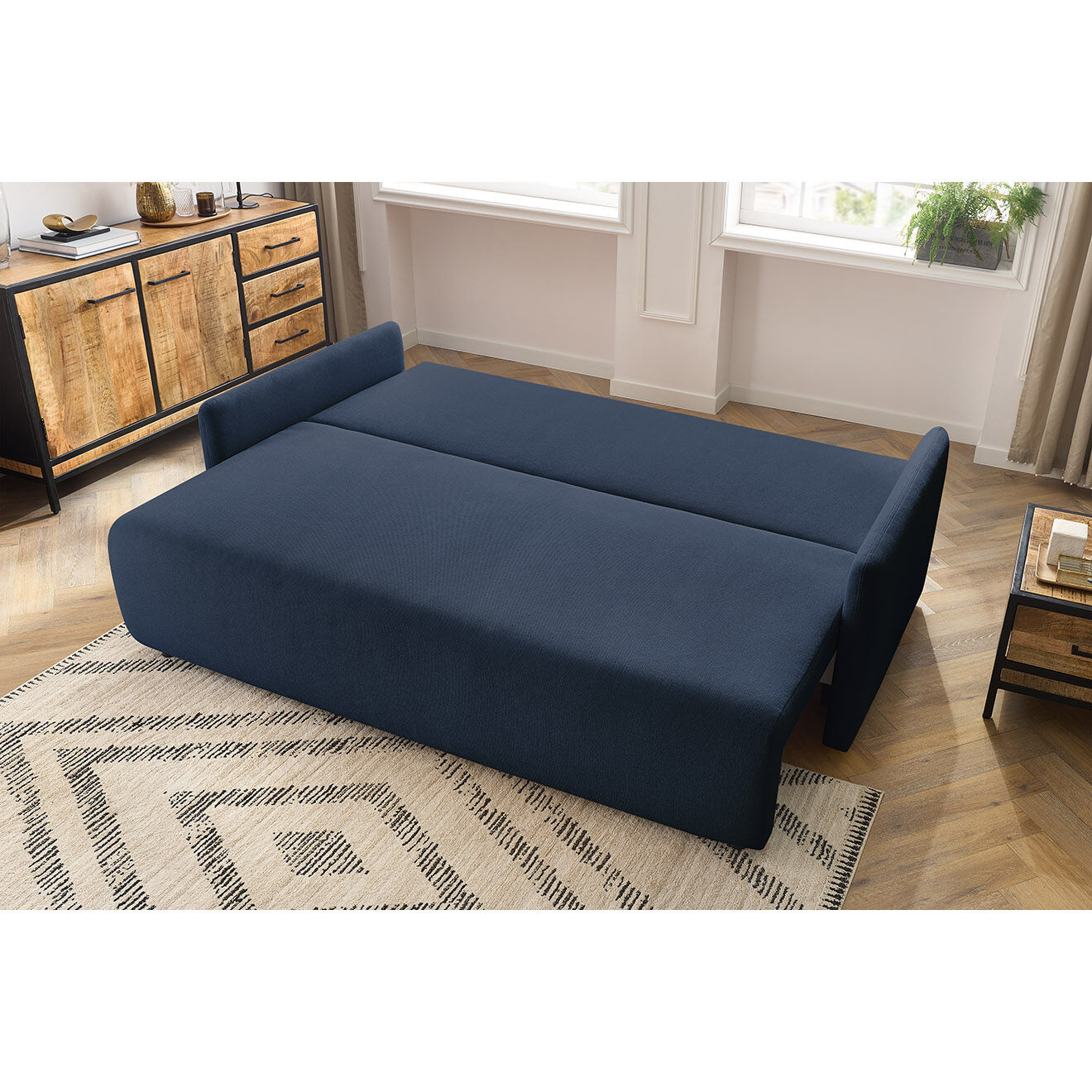 Bobochic Canapé droit convertible coffre marcel tissu lisse bleu foncé - 211x100x86 cm