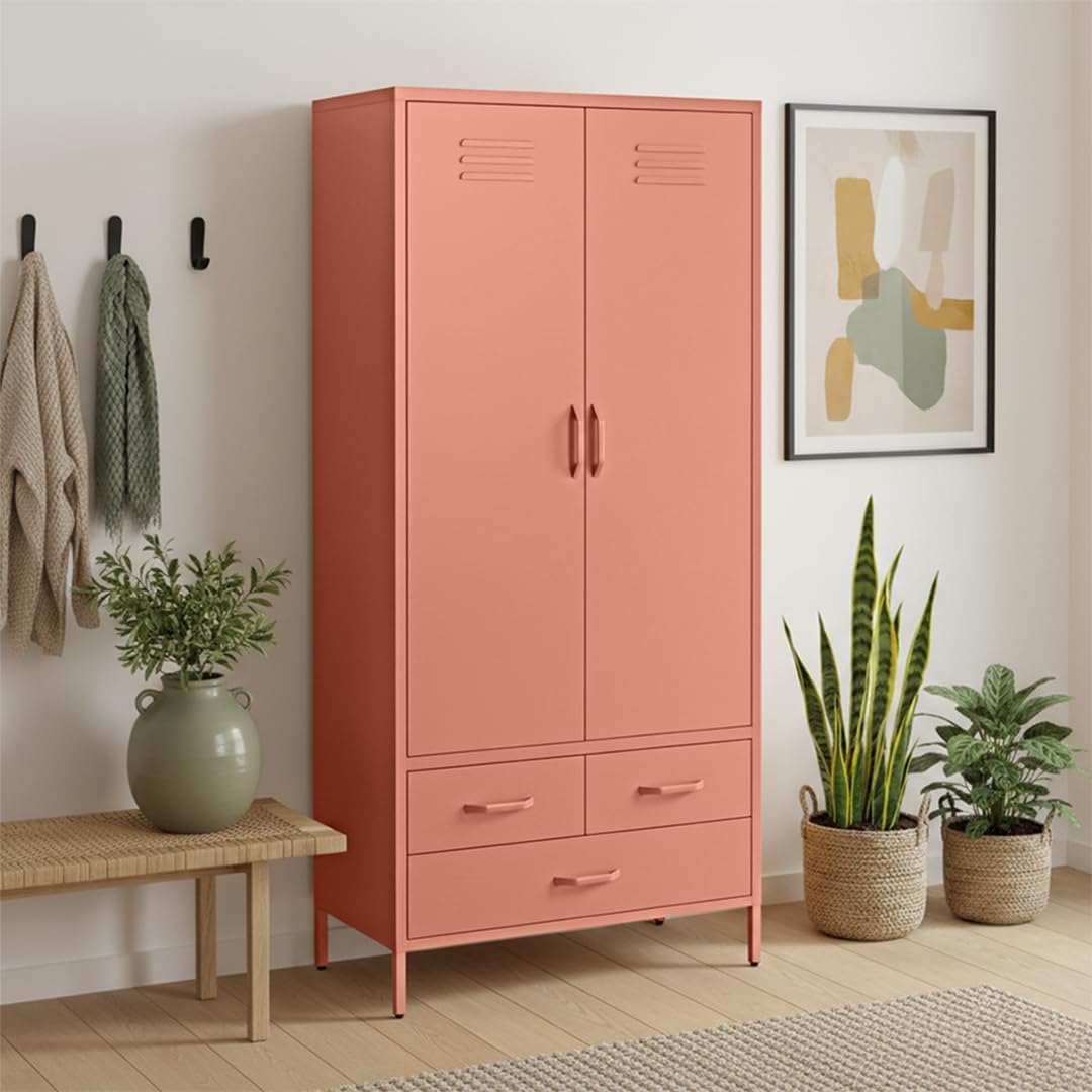 skølm Atria Kleiderschrank Metall – Metallschrank mit 6 Fächern, 2 Kleiderstangen & 3 Schubladen – Garderobenschrank in Terrakotta – Metallkleiderschrank 80 cm breit – Schlafzimmerschrank/Flurschrank