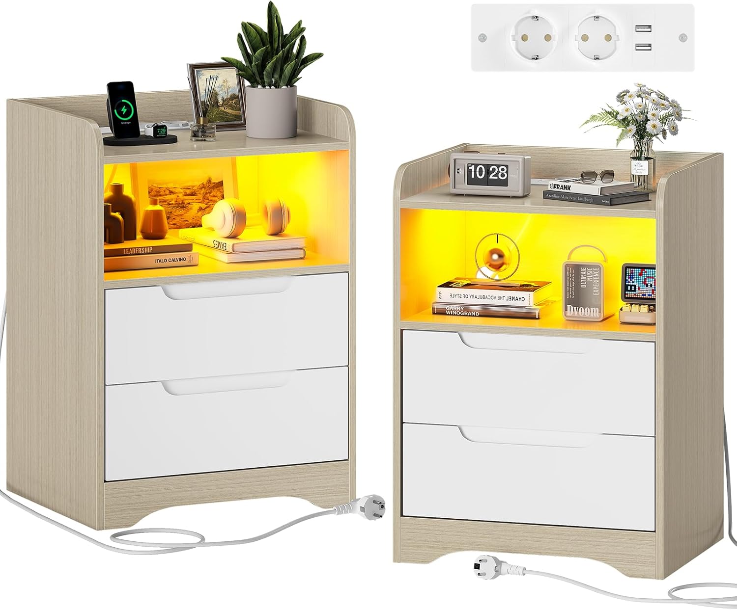 Nachttisch 2er Set mit Ladefunktion und LED-Licht Nachtschrank 2er Set mit 2 Schubladen und 1 Offenes Fach Beistelltisch für Schlafzimmer, Wohnzimmer, Einfache Montage, Modern, Hell Eiche