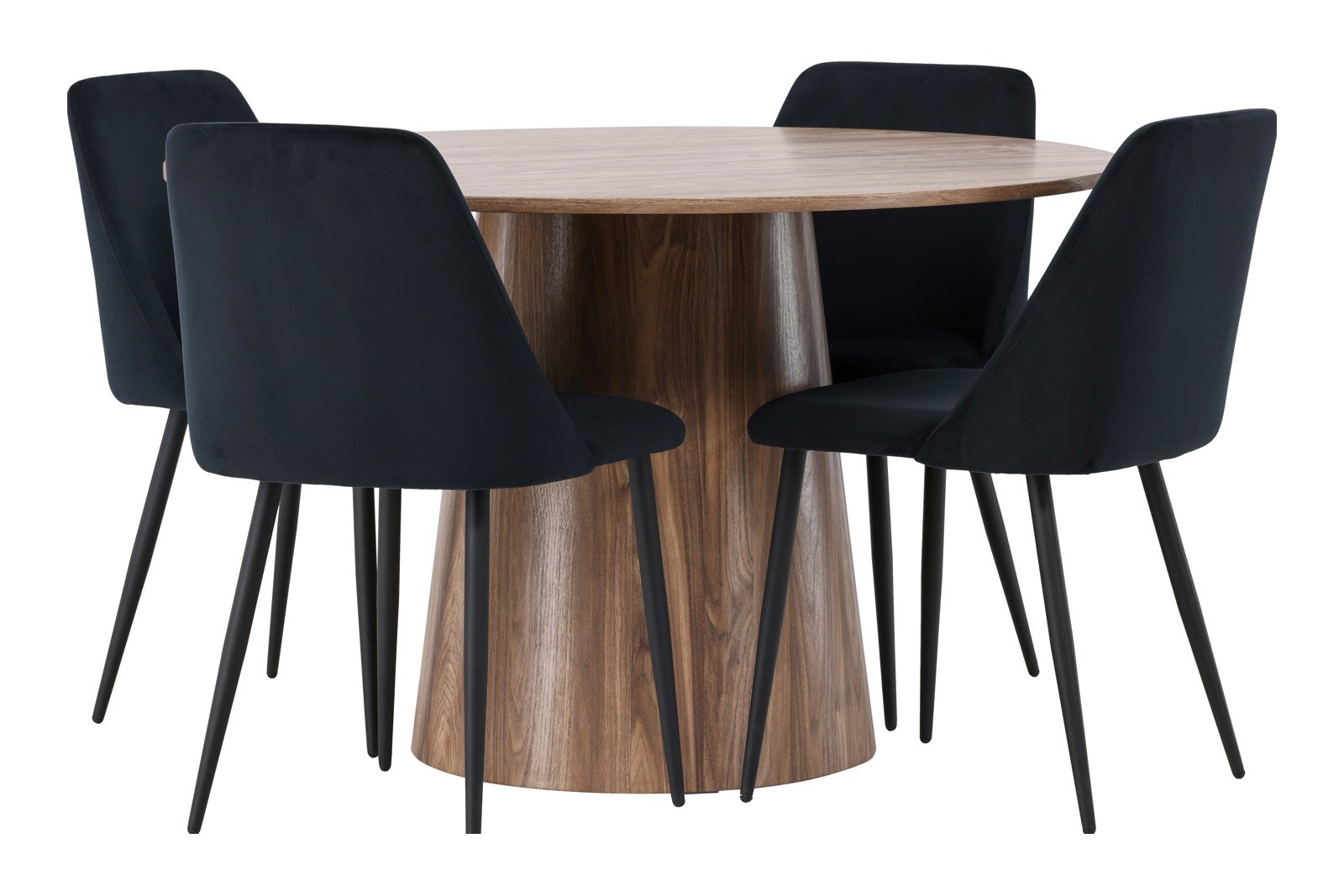 Lanzo og Night Spisegruppe Lanzo rundt spisebord ø120cm i natur med 4 stk. Night spisestoler i Sort fløyel og sorte ben