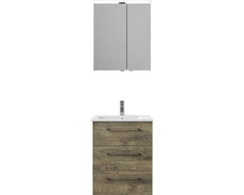 Pelipal Sunline 121 badkamermeubelset (B x H x D 61 x 200 x 46 cm), Ribbeck eiken fronten, met mineraal gegoten wastafel, badmeubel met 3 laden en spiegelkast met LED-verlichting