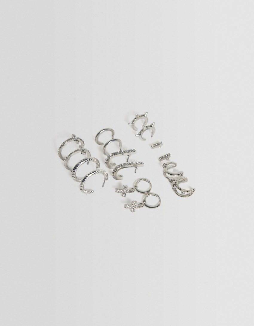 Conjunto de 8 pares de brincos de cruz com strass