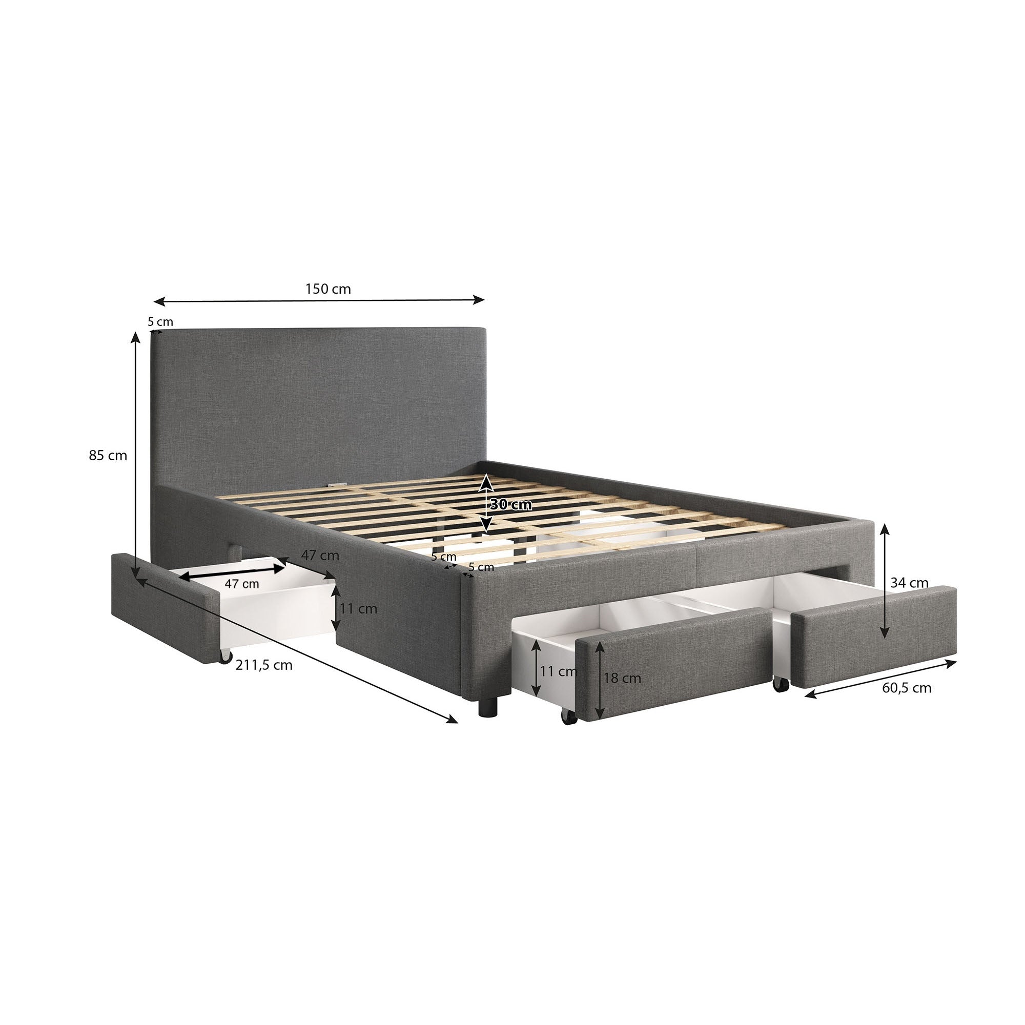 Suente - Tweepersoonsbed met 4 lades - Stof zwart - 140x200 cm