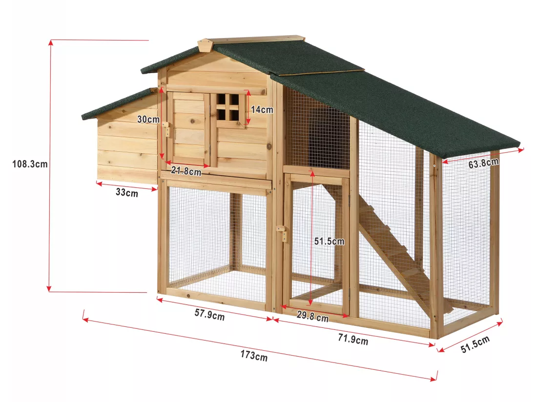Poulailler en bois avec enclos - 4 poules - L. 173 x P. 64 x H. 108 cm - Naturel - LEVAS