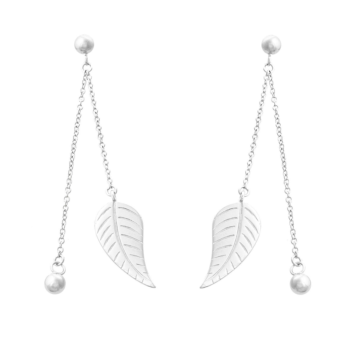 Boucles d'oreilles feuille et boule pendantes 2 chaines Argent 925 Rhodié