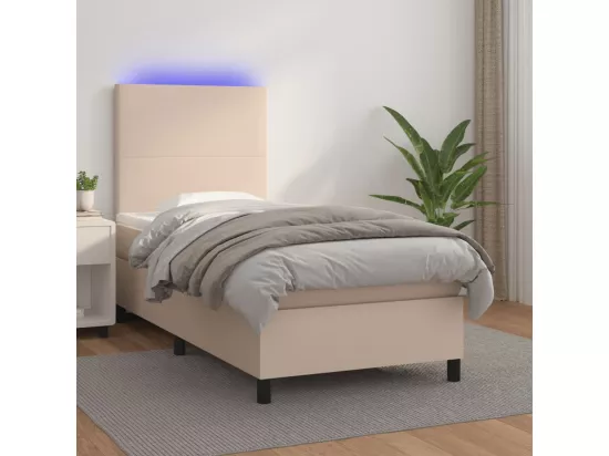 Sommier tapissier matelas et LED Cappuccino 90x190cm Similicuir