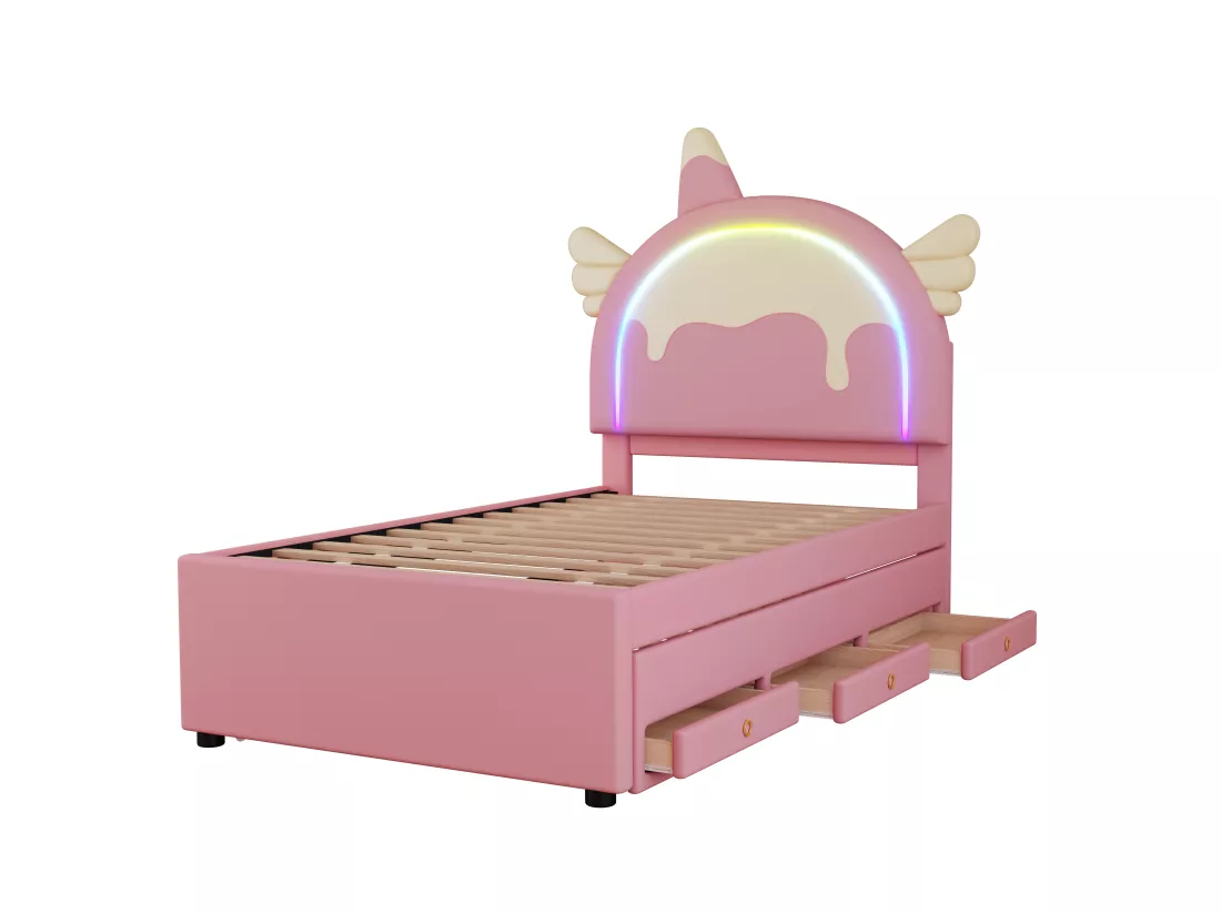 Lit gigogne 90 x 200 cm + 90 x 190 cm avec 3 tiroirs - Tête de lit en forme licorne - Similicuir - Rose