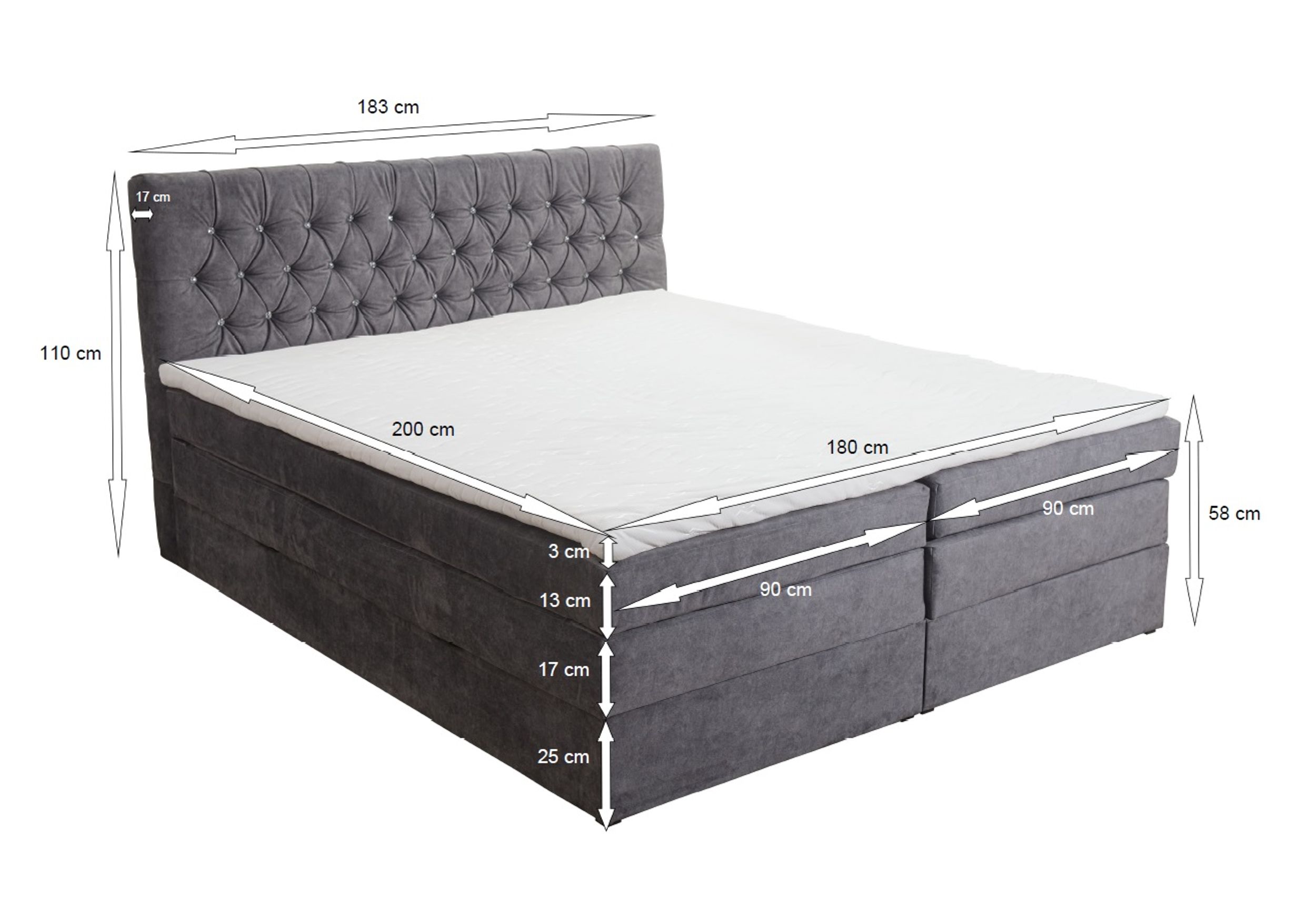Malton Boxspringbett 180x200 Hotelbett Bonellfederkern Bett + Topper Bettkasten