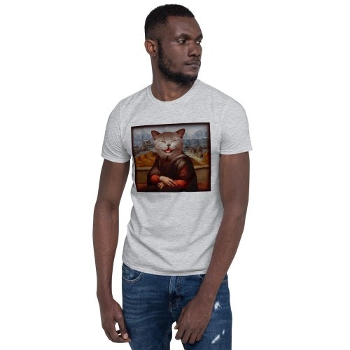 Camiseta masculina Mascochula, estampa da Mona Lisa personalizada com seu animal de estimação, cinza.