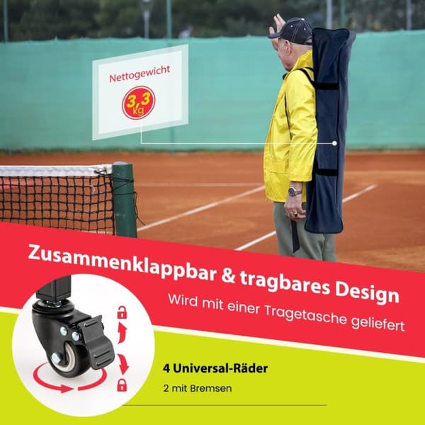 Sammenleggbar tennisballvogn med hjul Avtakbar bagsidelommer og bæreveske Bærbar ballvogn rommer 150 tennisballer rød