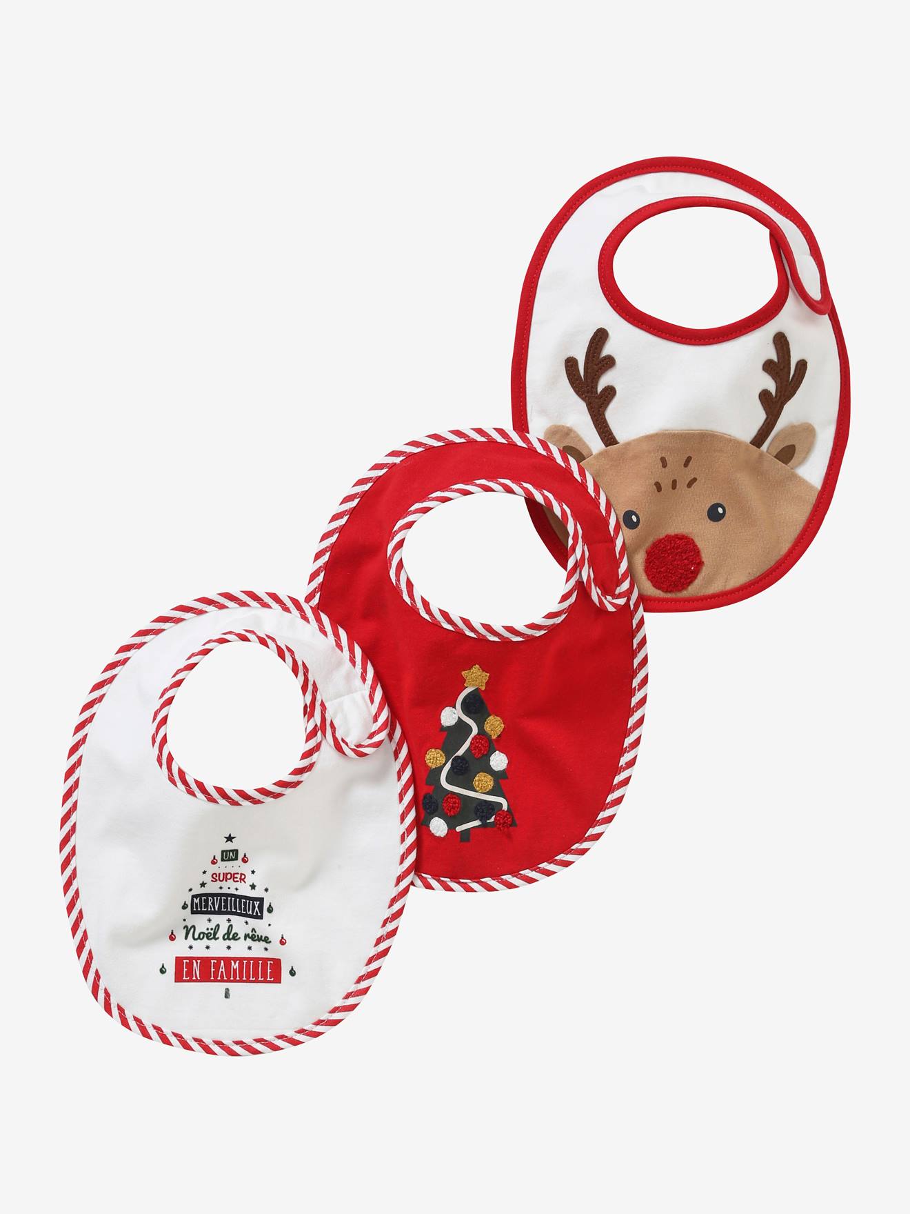 Conjunto de 3 babadores para bebê, modelo especial de Natal, ideal para toda a família. Cor vermelha lisa, tamanho médio, com estampas.