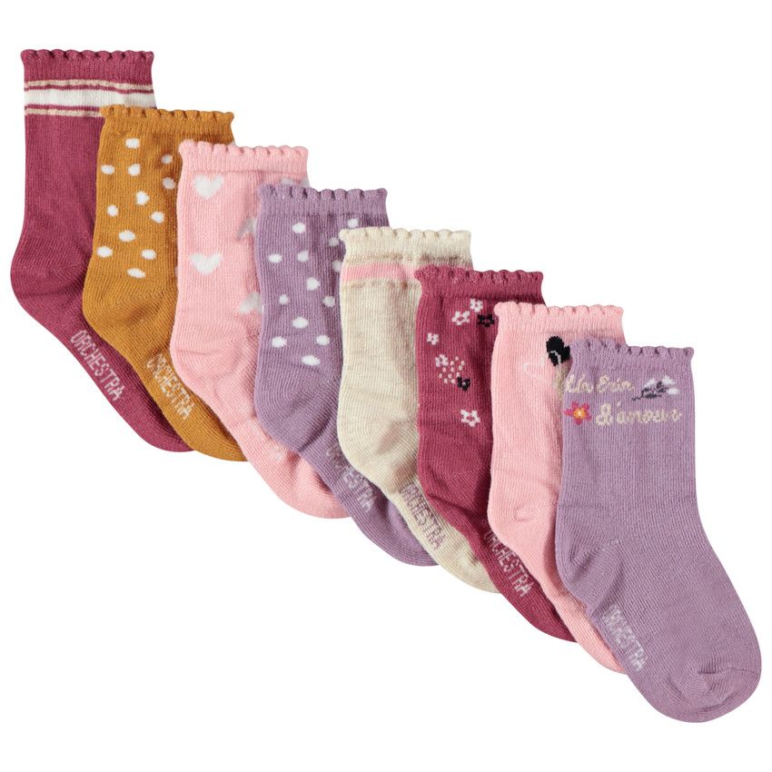 Lot de 8 paires de chaussettes colorées et imprimées pour bébé fille - Rose
