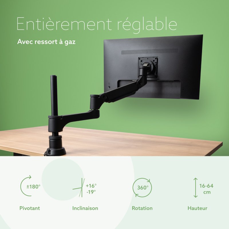 R-Go Tools Bras d'écran R-Go Caparo, bras d'écran réglable avec vérin à gaz, 100% circulaire, capacité de charge de 3 à 9 kg, noir