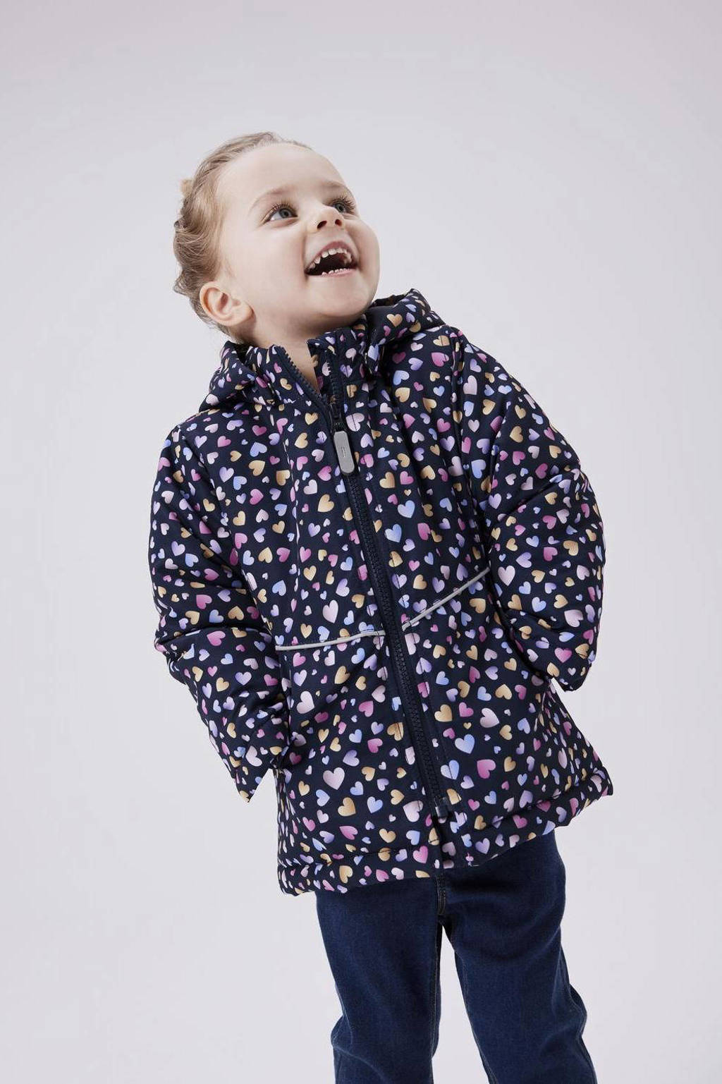 NAME IT winterjas NMFMAXI met all over print donkerblauw/roze/paars