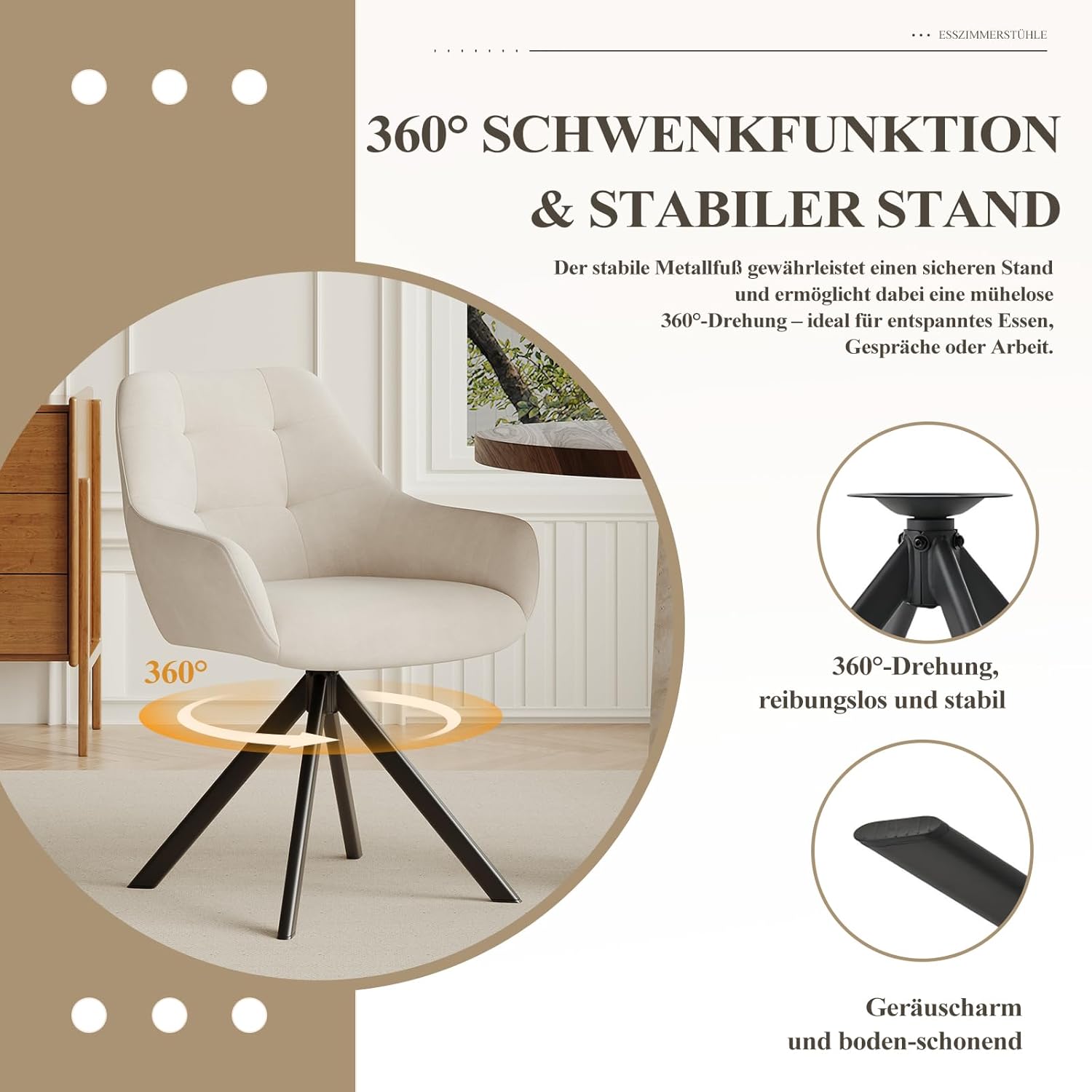 COLAMY Drehbare Esszimmerstühle 2er Set, Esszimmerstühle Drehbar mit Armlehne, Armlehnstuhl Drehbar mit Rückenlehne für Esszimmer, Stühle aus Weichem Florstoff mit Metallgestell für Küche, Beige