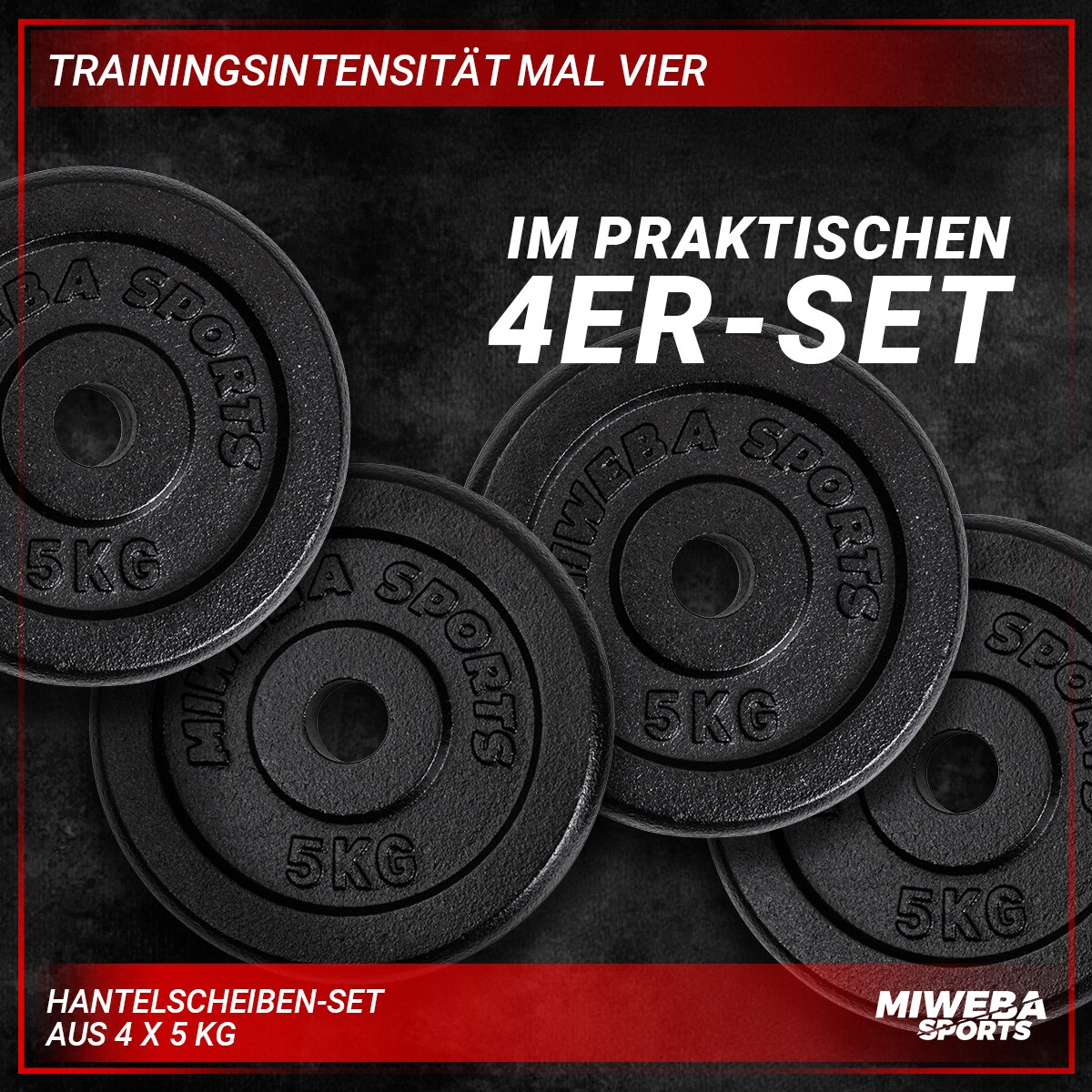 Miweba Sports Hantelscheiben HSG75, 4 x 5 kg Hantel-Gewichte, passend für Ø 30 mm, Set, Gusseisen