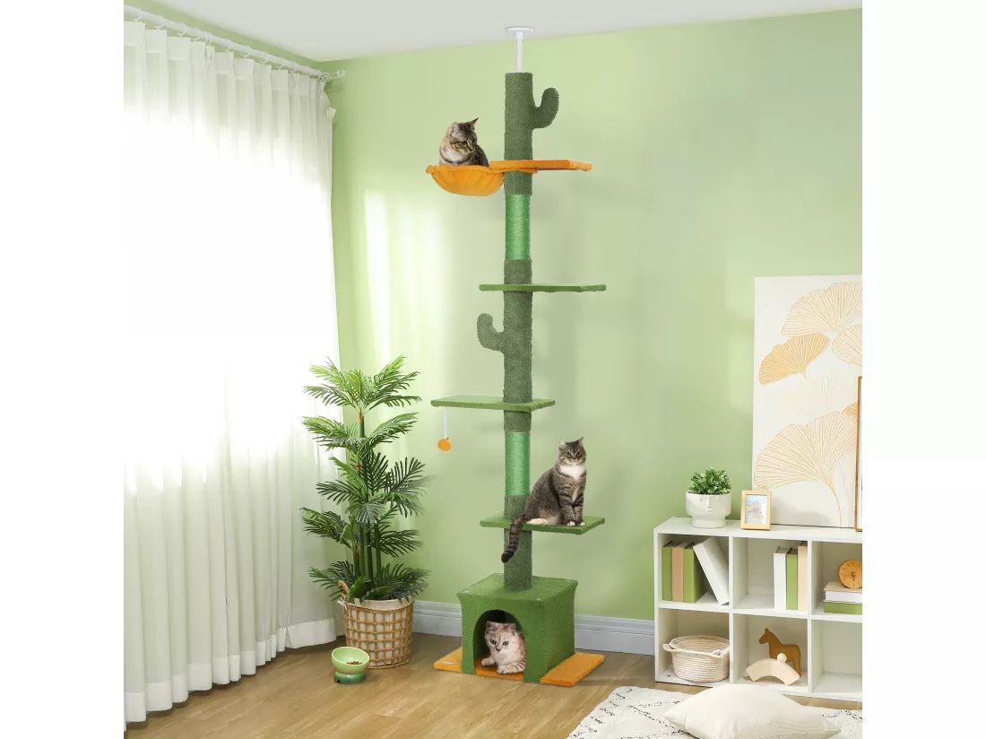 Arbre à chat cactus du sol au plafond - H. réglable 230-275 cm - 6 niv. équipement multiple