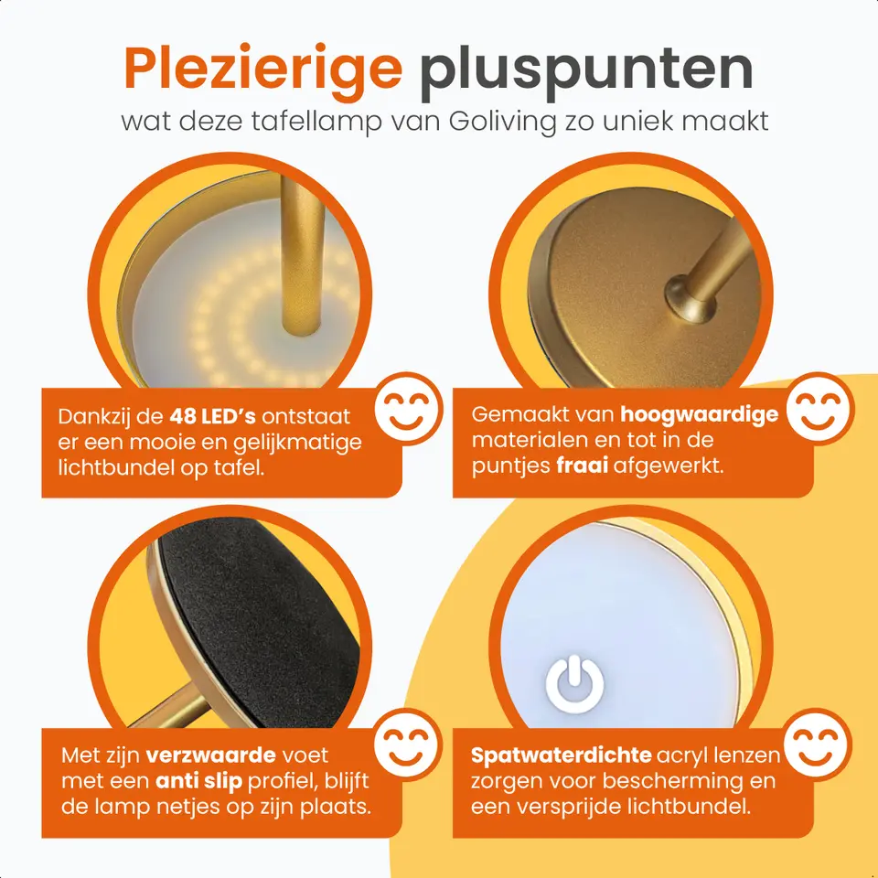 Goliving Tafellamp Oplaadbaar – Draadloos en dimbaar – Moderne touch lamp