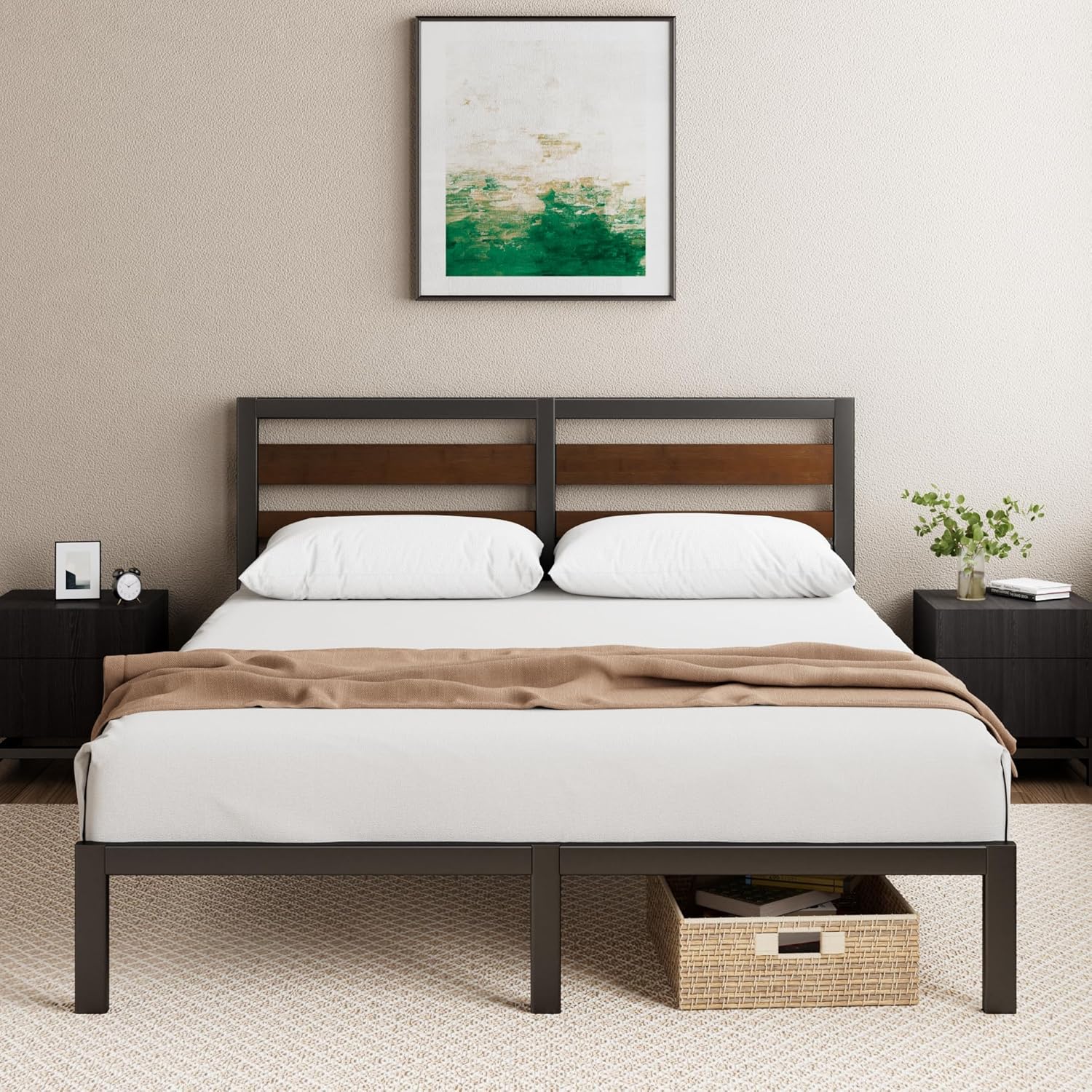 Zinus Doppelbett Kai 135x190 cm - Höhe 80 cm - nachhaltiges Bambus- & Metallbettrahmen mit Kopfteil - Stahllattenstütze - umweltfreundliches Bettgestell - einfache Montage - Schwarz und Braun