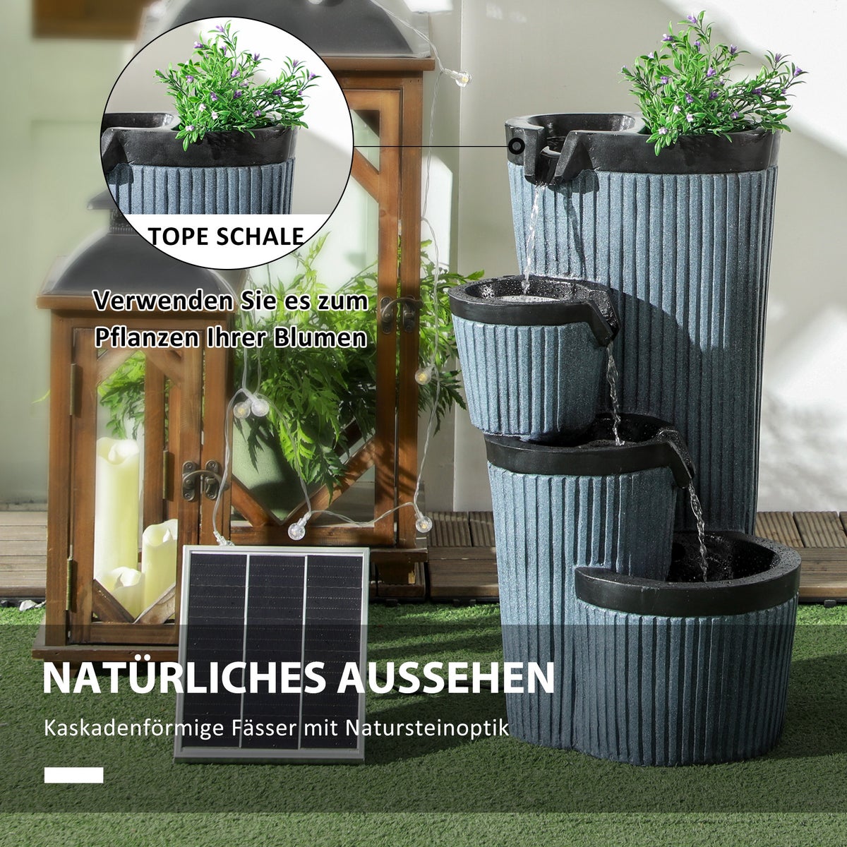 Outsunny Tuinfontein, Solarfontein met LED-verlichting, 4-laags, met bloembak, voor tuin, balkon, 33 x 30 x 57,5 cm, Hars, Donkergrijs
