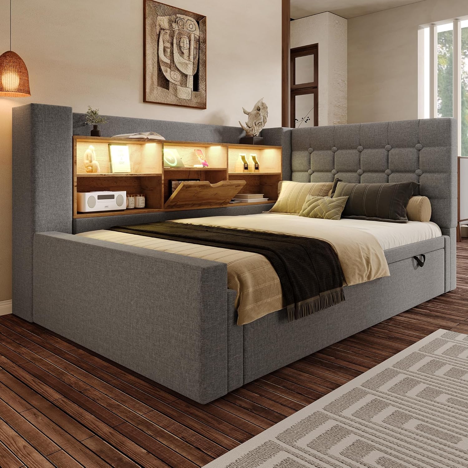 Polsterbett Bett mit LED-Beleuchtung 90x200cm, Mit Ausziehbett 90x190cm, Struraumbett, L-förmigem Kopfteil mit Stauraum, beidseitig montierbar, Lattenrost, Leinen (Grau-A)