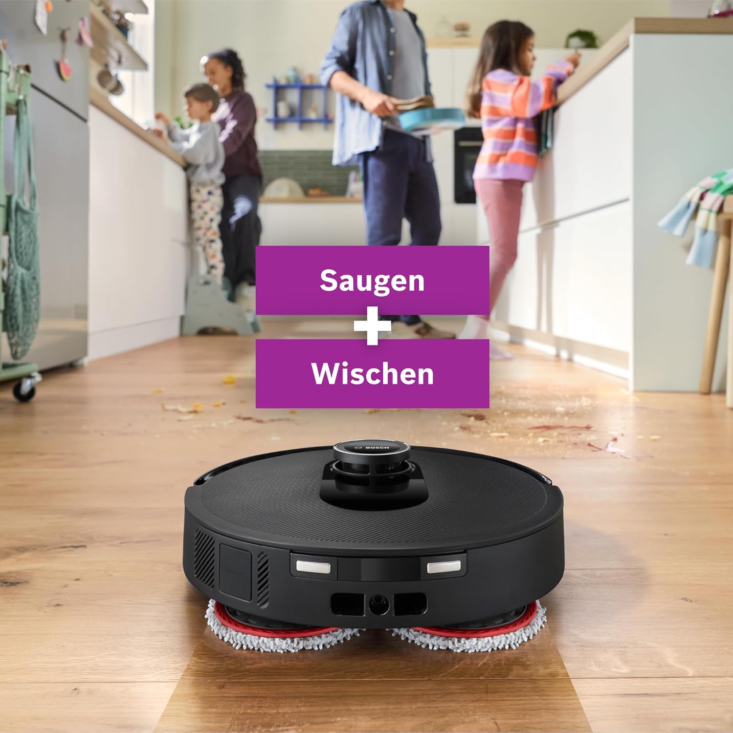 Bosch Spotless Max BCRDW3B Saugroboter mit Wischfunktion, 11.000 Pa Saugkaft, rotierende Wischpads, Nass-Trocken-Servicestation, Selbstreinigung, Smart Vision Navigation, Steuerung per App, schwarz